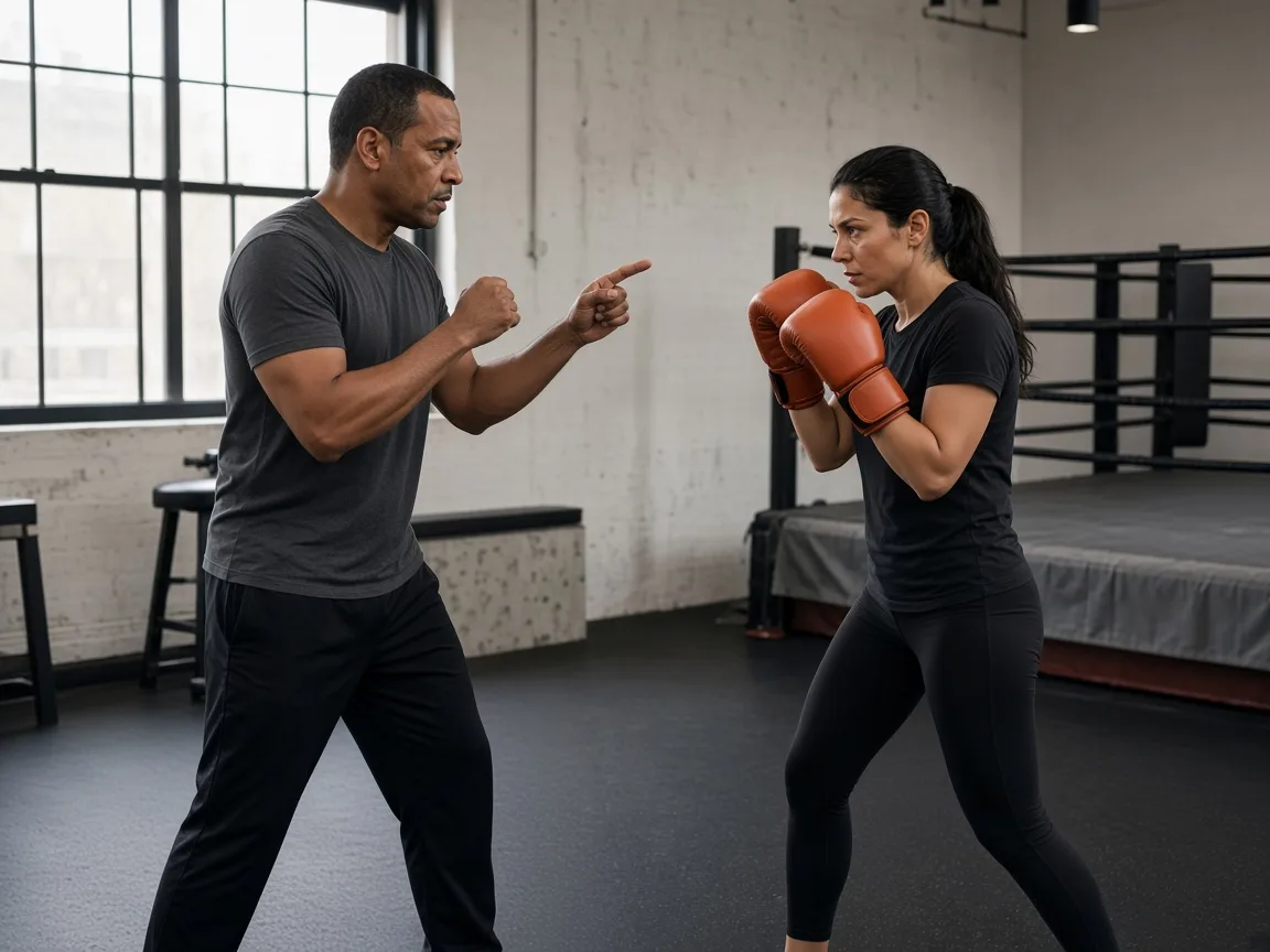 Beginner boxer learning stance and guard with a coach