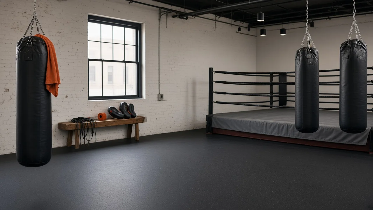 Boxing training area with heavy bags and open floor space
