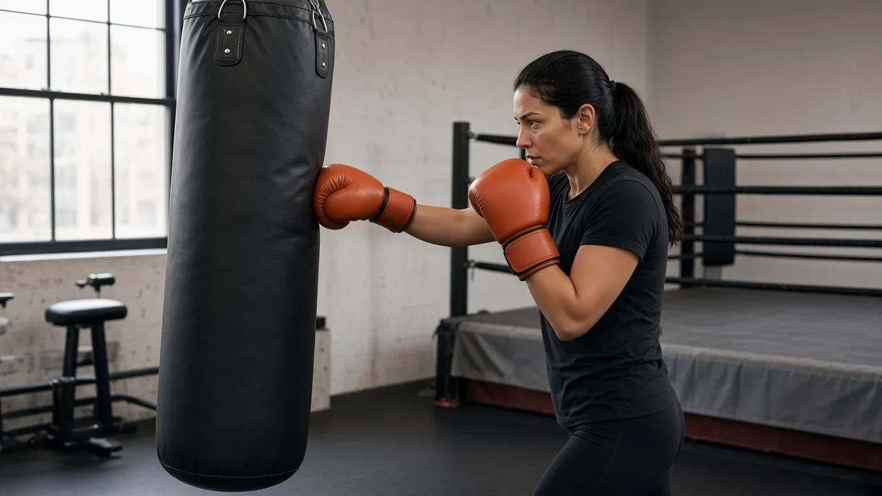 Adult boxer practicing combinations on a heavy bag